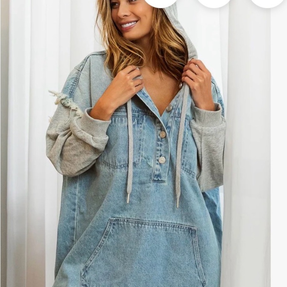 Free People Light Blue Denim Hoodie Dress with Gray Sleeves